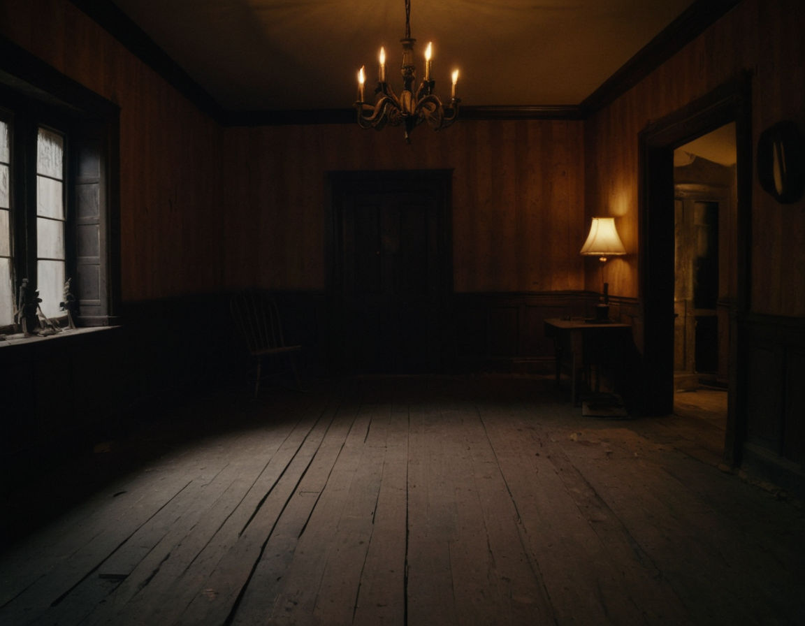 A spooky, dimly lit haunted house interior with creaky floorboards, flickering lights, and eerie shadows creeping across the walls. Items scattered around suggest an abandoned setting, emphasizing the importance of sound in creating a chilling atmosphere.
