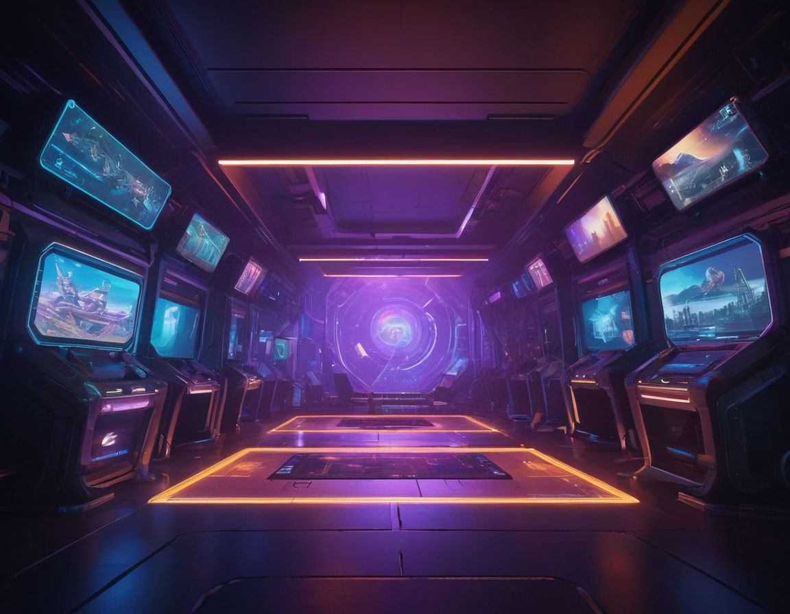 Mobile game development concept art: futuristic game interface with vibrant colors, virtual reality elements, and game design sketches, showcasing the creativity and innovation in creating addictive yet fair mobile games.
