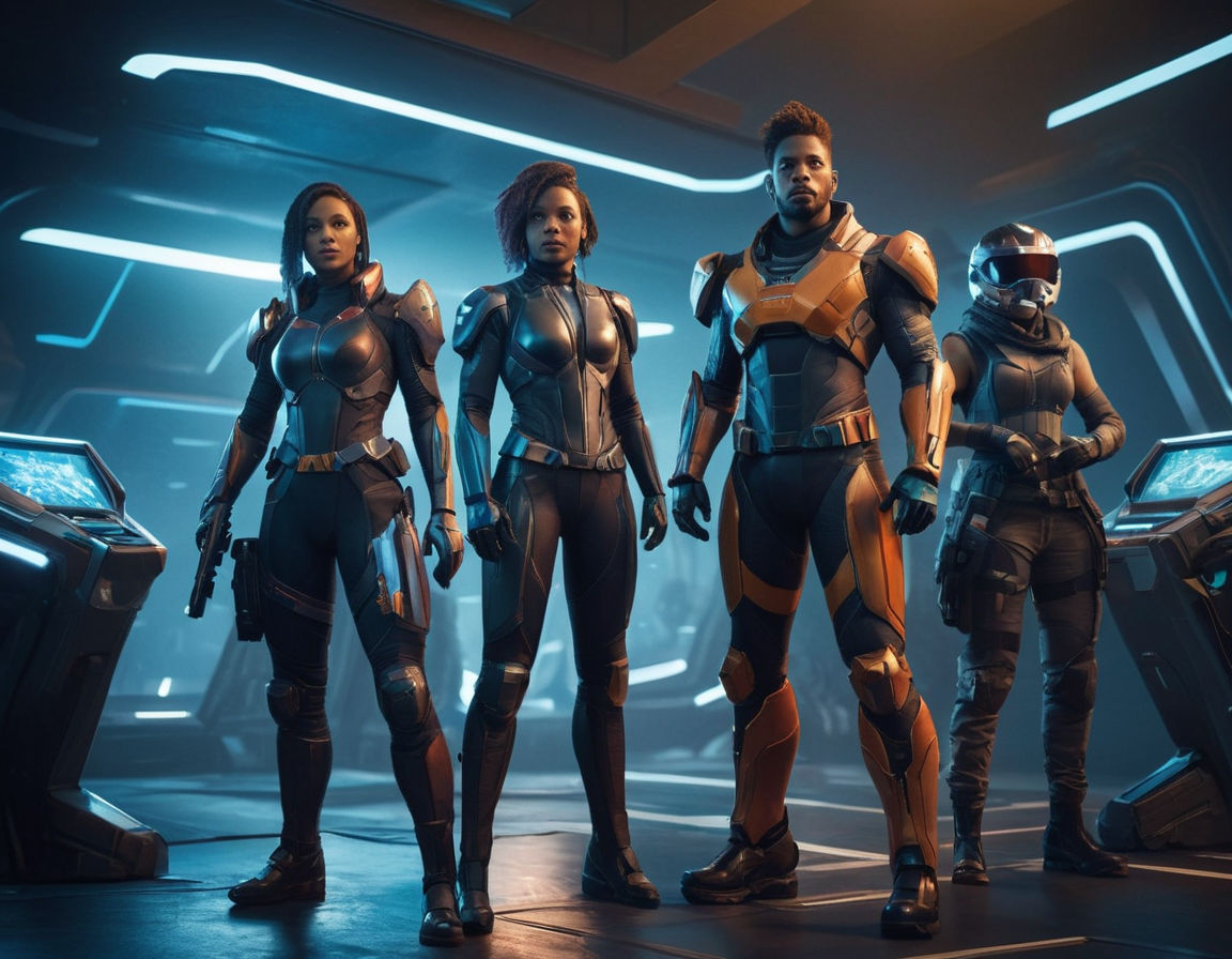 Abstract futuristic video game concept art depicting a diverse group of characters breaking gender stereotypes within a technologically advanced gaming world.

