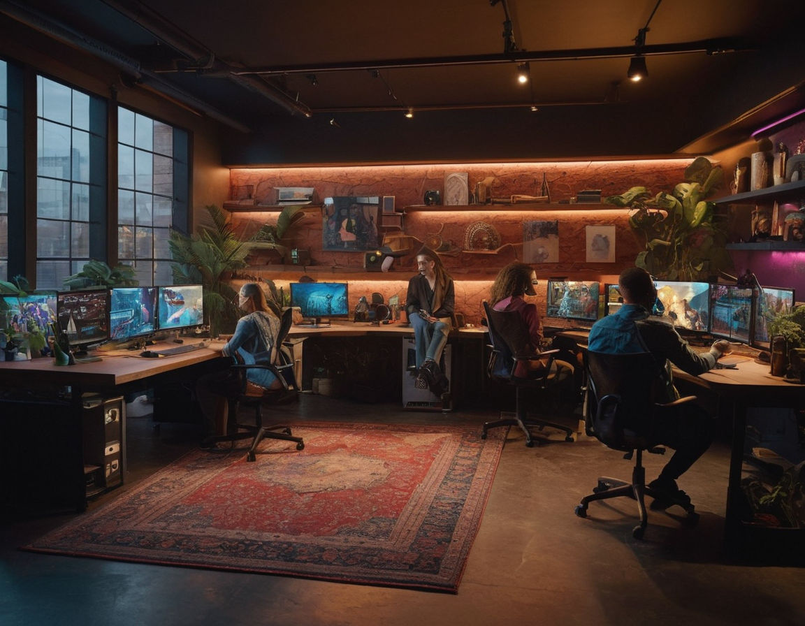 Image prompt: 
An illustration of a diverse team of game developers collaborating in a modern studio setting. Show different professionals like programmers, artists, and designers working together on various aspects of game development. Include elements symbolizing creativity and technology blending seamlessly.
