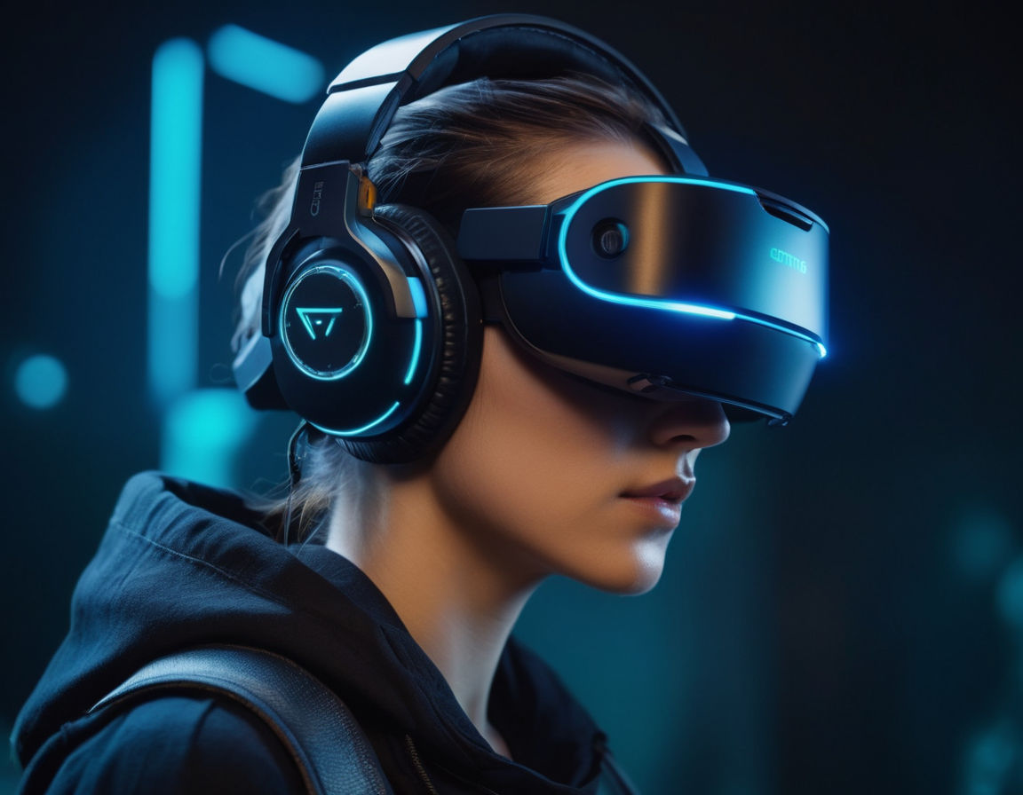 A futuristic gaming headset displaying vibrant virtual game elements in a real-world setting, showcasing the integration of augmented reality technology for an immersive gaming experience.
