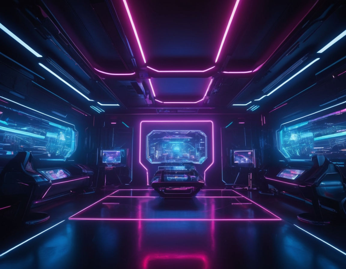 A futuristic digital world with neon lights and advanced technology, showcasing a blend of virtual reality and game elements.
