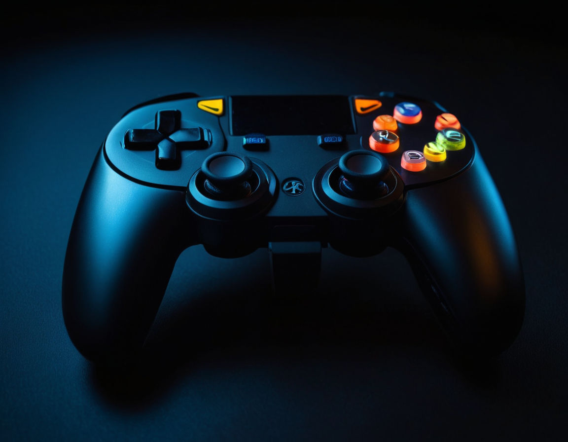 A futuristic video game controller with colorful buttons and lights, set against a dark background to emphasize the innovative design and technology in game development.
