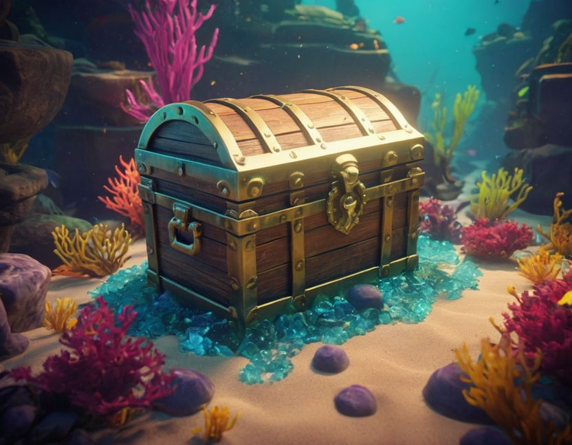 A mystical, underwater treasure chest surrounded by glowing seaweed and colorful fish, hinting at the adventurous and exciting gameplay of Sea of Thieves.