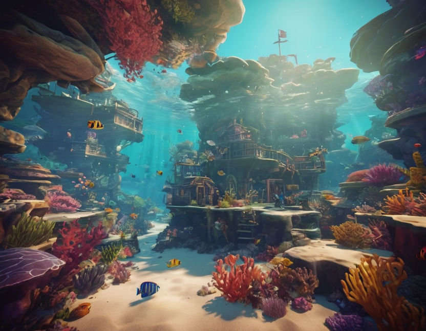 A mystical animated school of fish swimming by colorful underwater coral and reefs in the video game sea of thieves, Stylized graphics between realistic and cartoonish graphics video game art