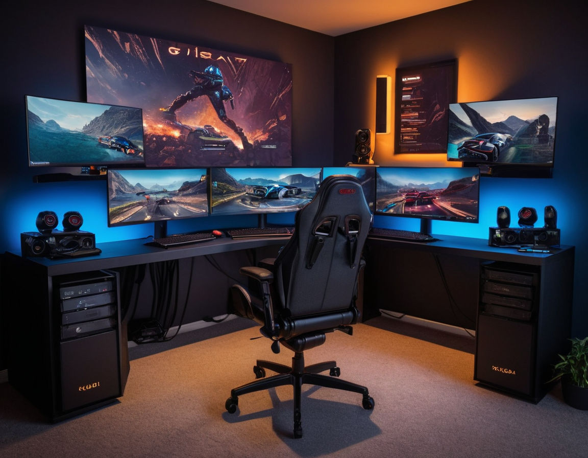 Gaming setup inspiration with multi-monitor displays, ergonomic chairs, adjustable desks, RGB lighting, cable management solutions, and personalized decor for a comfortable and immersive gaming environment.
