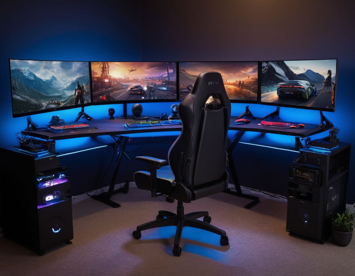 Image of a modern gaming setup featuring multi-monitor displays, ergonomic gaming chair, adjustable desk with RGB lighting, neatly organized cables, and personalized decor for a comfortable and immersive gaming experience.
