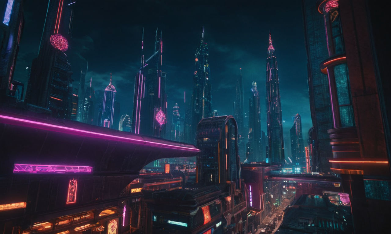 Image of a futuristic cityscape at night with neon lights, towering skyscrapers, and a blend of futuristic and medieval architecture to represent a souls-like RPG game set in a unique world.
