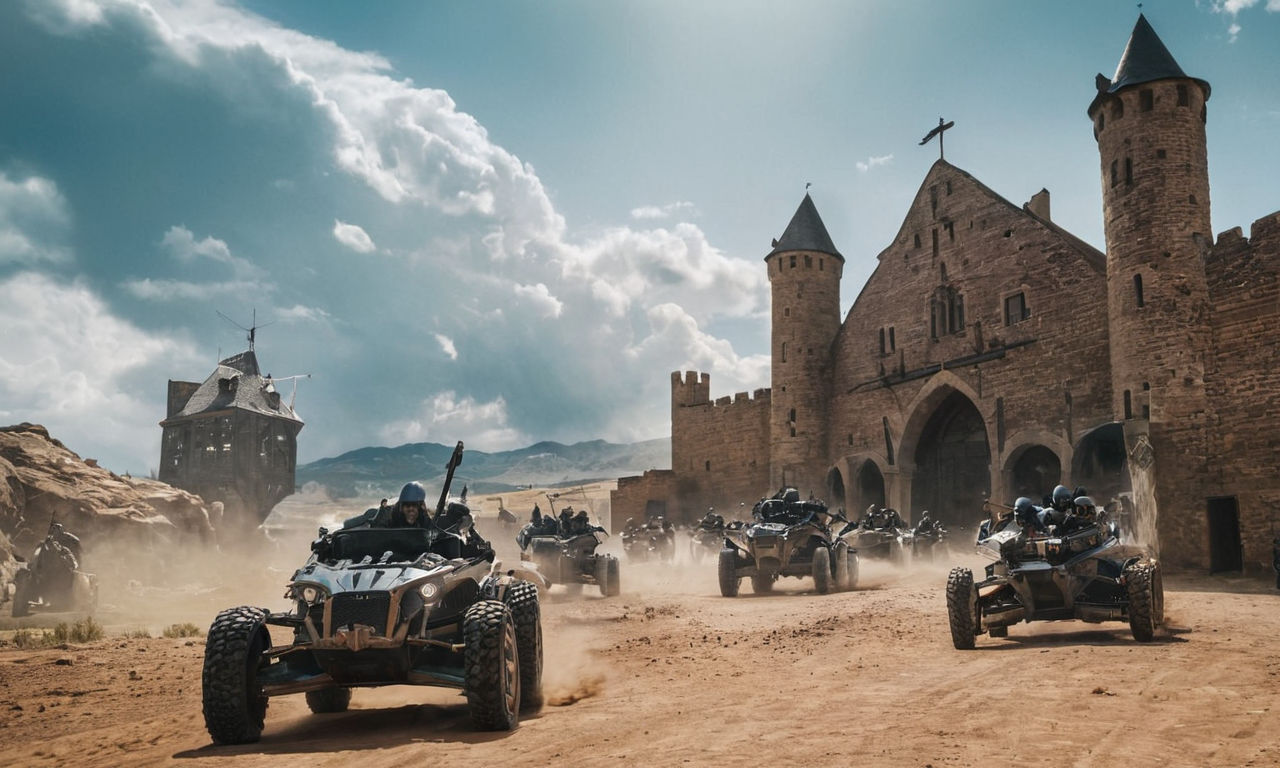 Image prompt:
- An intense medieval-themed battlefield scene with futuristic elements
- Imagine a chaotic clash with players time-traveling to medieval times, armed with guns and vehicles
- Show futuristic technology contrasting with medieval architecture in a high-octane battle setting
