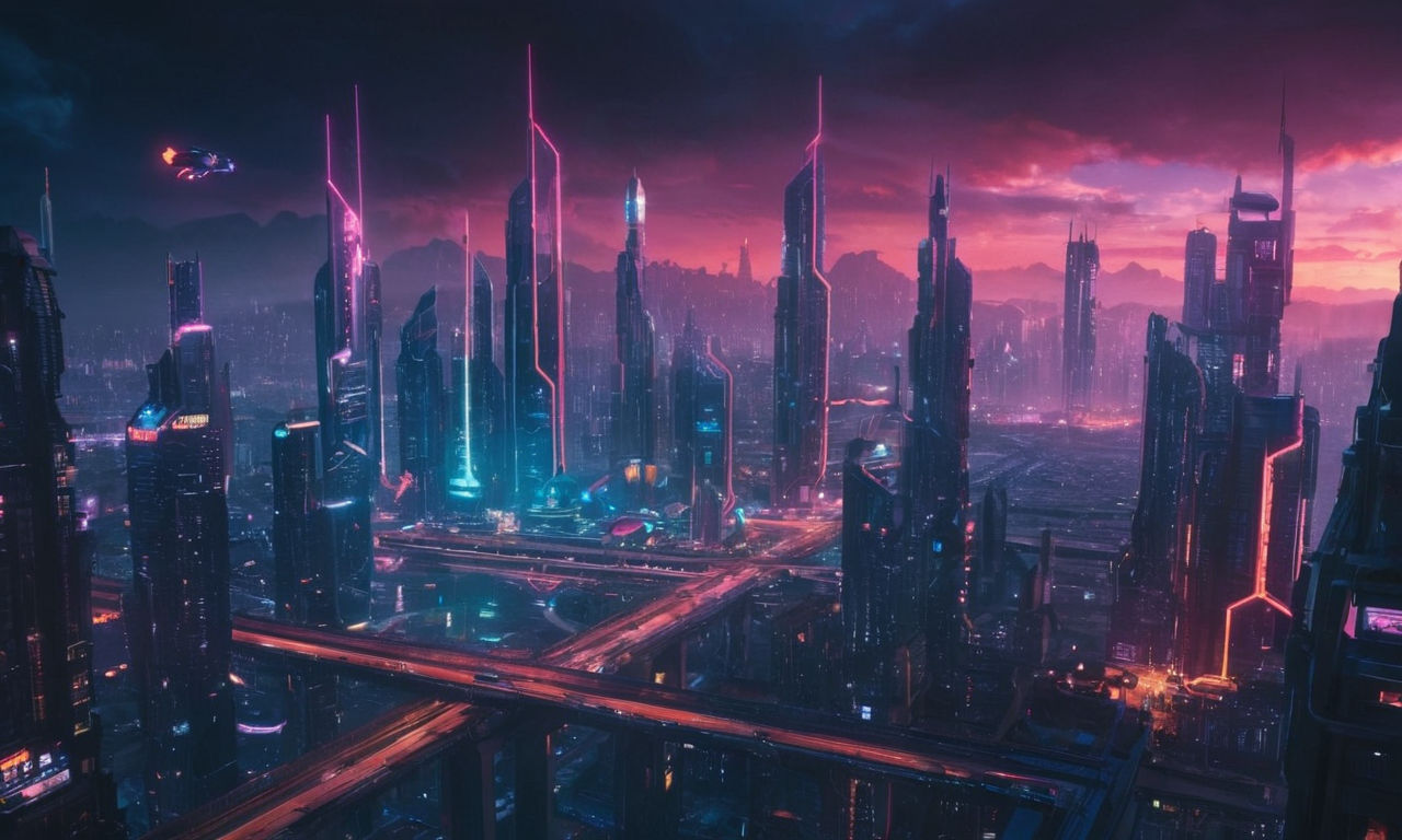 Futuristic sci-fi cityscape skyline at night with neon lights, glowing skyscrapers, and flying vehicles in a cyberpunk setting realistic illustration.
