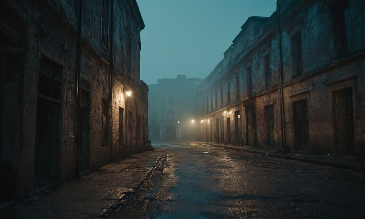 Image Prompt: 
Dark, eerie environment with fog crawling through abandoned streets, old buildings with peeling paint, and flickering street lights creating a suspenseful atmosphere. The scene includes shadowy figures lurking in the background, hinting at hidden dangers.
