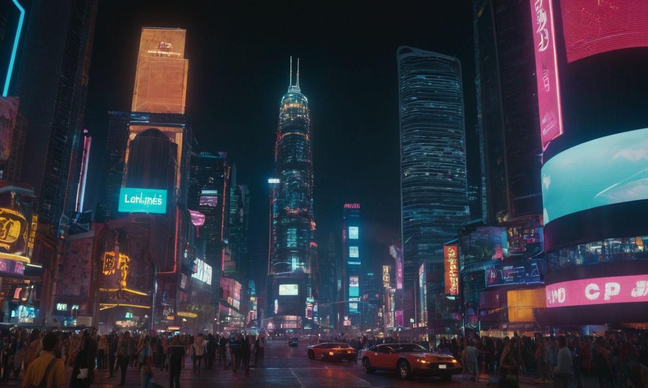 A futuristic cityscape at night with tall skyscrapers, glowing neon lights, bustling streets, and flying vehicles. The skyline is filled with digital billboards teasing upcoming events and new game releases, creating a sense of excitement and anticipation for the future.
