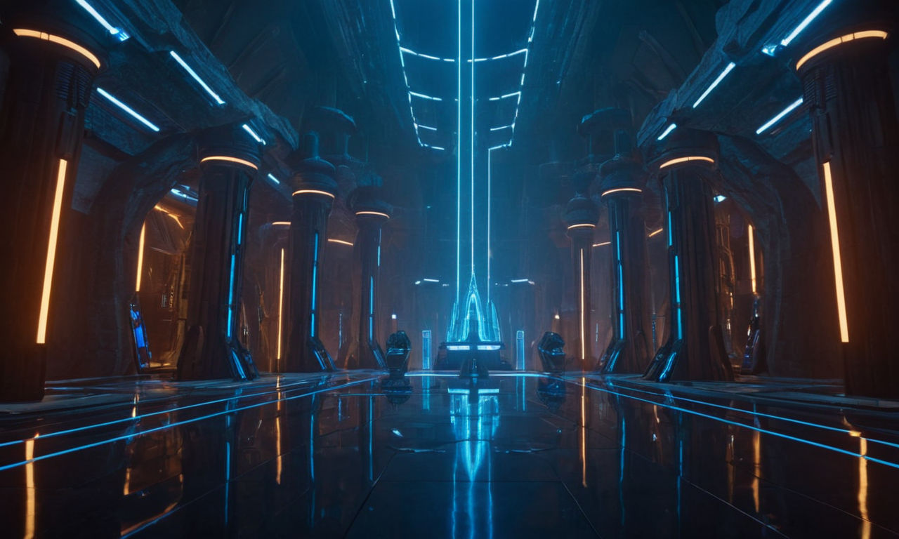 Futuristic Jedi temple in space with glowing blue energy swords, holographic communication devices, and advanced technology, immersive sci-fi environment.

