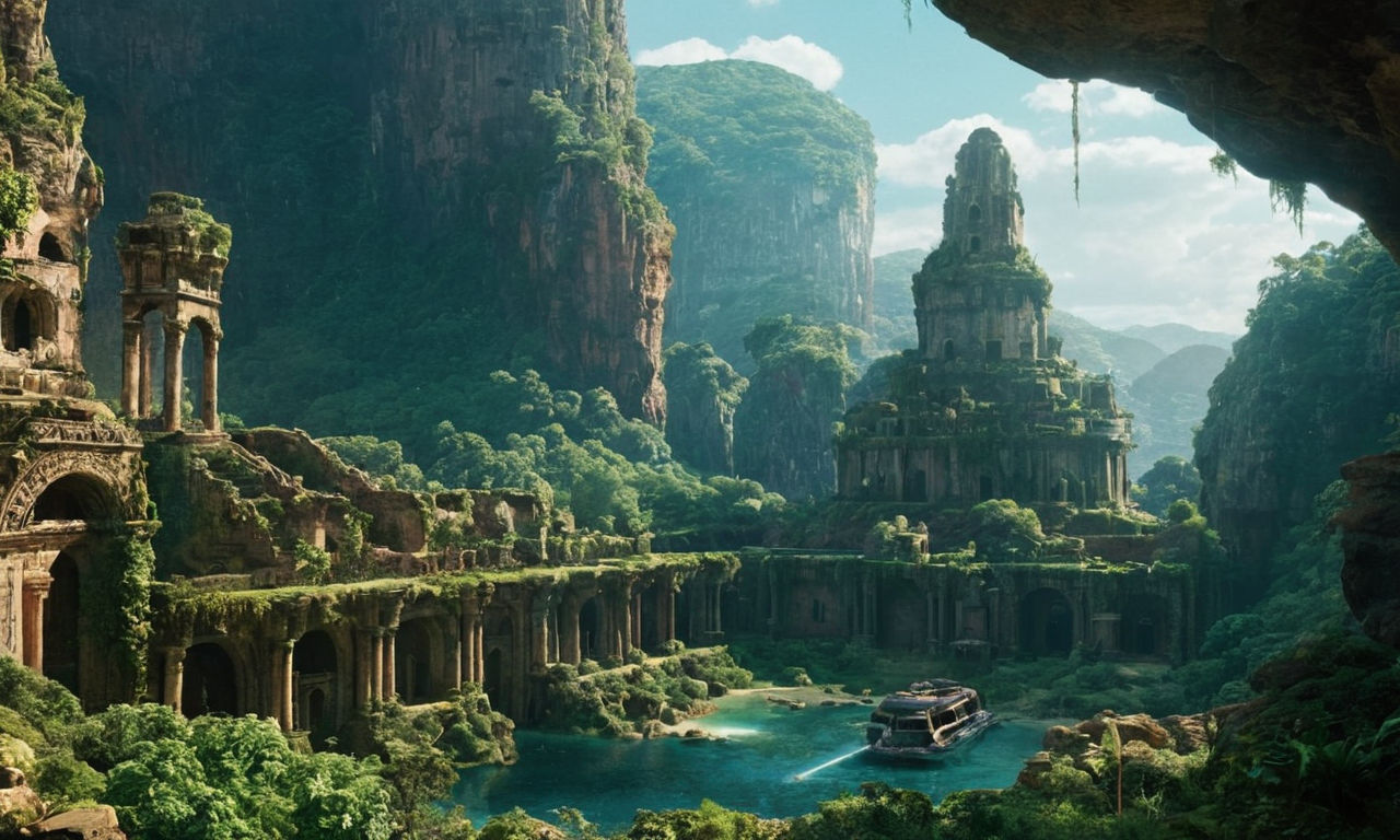 A planet with ancient ruins surrounded by lush greenery, mysterious caves, and futuristic technology scattered throughout the landscape. The image showcases a blend of natural beauty and remnants of advanced civilizations, inviting exploration and discovery.
