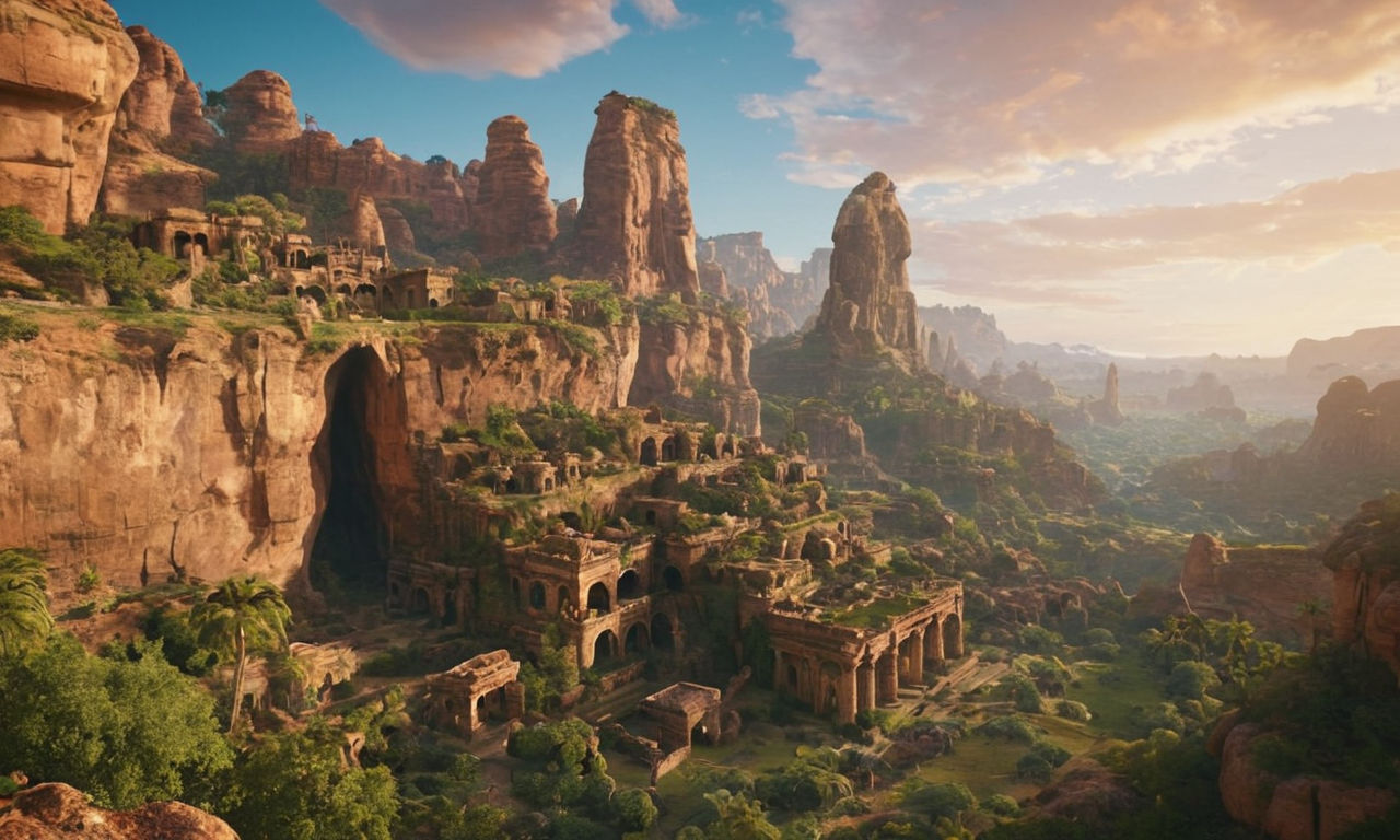 A sprawling, diverse open-world planet with lush forests, rocky canyons, and ancient ruins under a vibrant sky, featuring hidden caves, mysterious temples, and bustling Cantina scenes with colorful characters and interactions.
