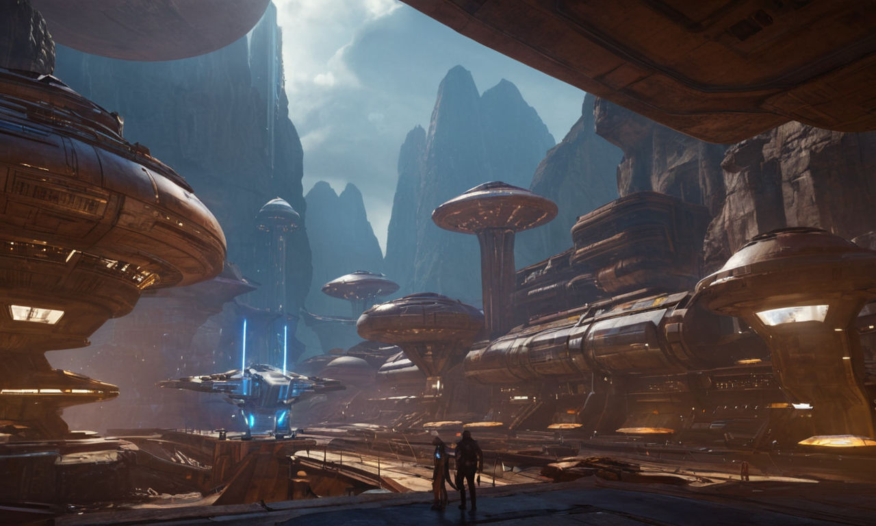 A dynamic image of a futuristic sci-fi game environment featuring high-tech buildings, alien landscapes, and advanced technology elements. The scene should evoke a sense of adventure and exploration, with elements like glowing lights, platforms for traversal, and hidden collectibles. The focus is on creating an immersive and visually striking setting that captures the essence of a sci-fi action-adventure game like Star Wars Jedi: Survivor.
