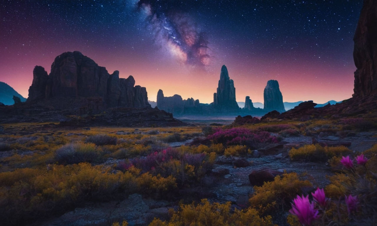 A vivid and futuristic sci-fi landscape featuring alien flora, colorful alien wildlife, and mysterious ruins under a starry night sky. The scene should evoke a sense of adventure and exploration.
