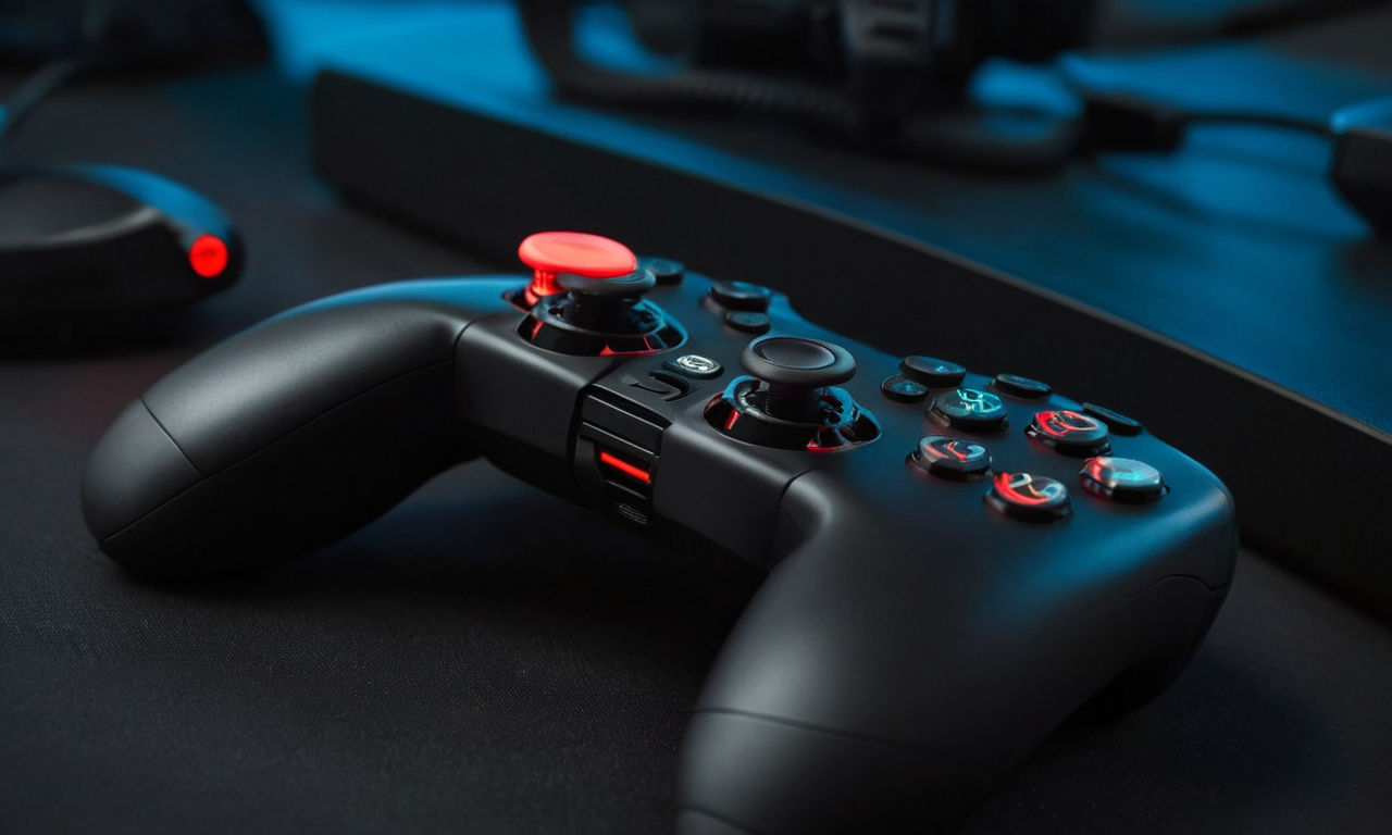 Advanced gaming controller with hall effect joysticks ergonomic design futuristic look, high-tech buttons and triggers, sleek black design professional gaming setup
