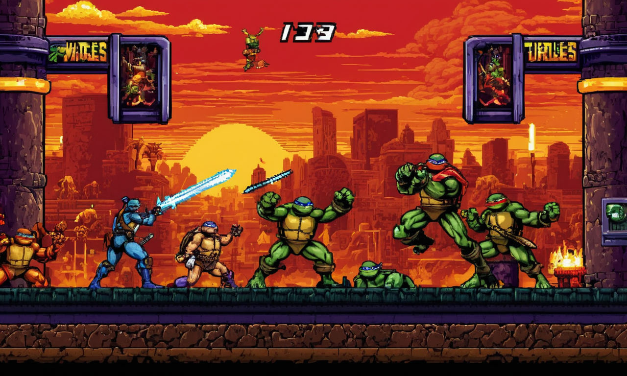 Image of a vibrant and action-packed arcade game scene with retro pixel art style. Show various characters engaging in intense combat, using special attacks with flashy effects. Include elements like power-ups, vibrant backgrounds, and a crowded arcade cabinet to capture the essence of classic beat 'em up games like Teenage Mutant Ninja Turtles: Turtles in Time and Streets of Rage 4.
