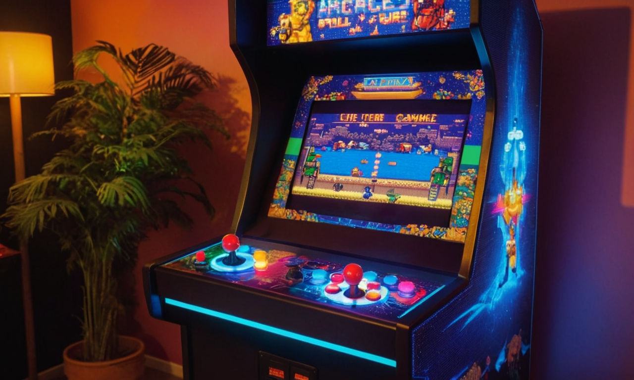 Arcade style retro video game cabinet with colorful buttons and joysticks, glowing screen displaying pixelated characters and action scenes, nostalgic gaming vibes.
