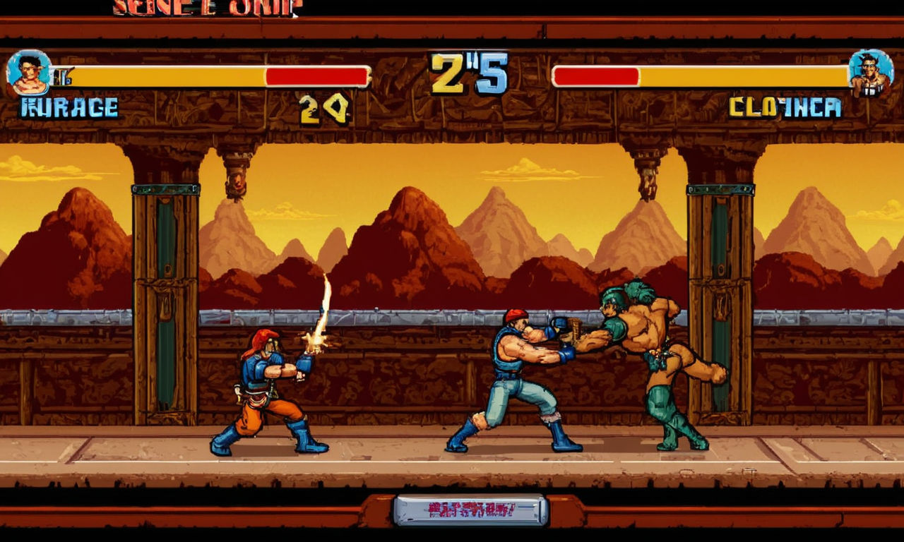 Arcade beat 'em up game scene with vintage style graphics, showing characters fighting enemies in a side-scrolling environment. Display different levels of difficulty with various enemies and power-ups. Include a multiplayer mode with up to four characters teaming up to battle through stages, highlighting the cooperative gameplay experience in a retro setting.
