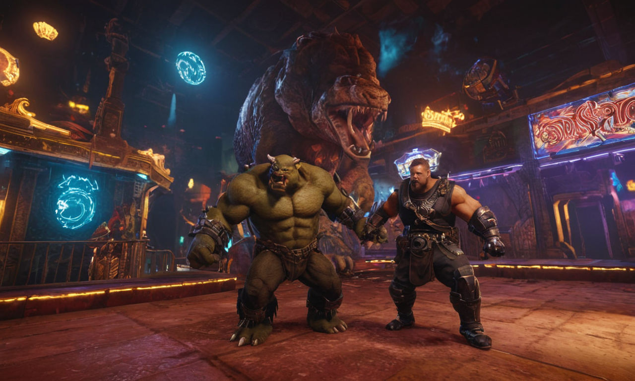 A dynamic and challenging boss fight scene set in an arcade with neon lights, featuring unique mechanics and engaging encounters. Highlight specific boss characters like Rocksteady, K's, and Stockman, showcasing their formidable presence and the intense gameplay involved. Showcase the balance and excitement of these boss fights, comparing them to modern beat 'em up games. Include elements of new levels and bosses, incorporating the impact of stages like the amusement park, Haunted House, and Shredder's Lair on the player experience.
