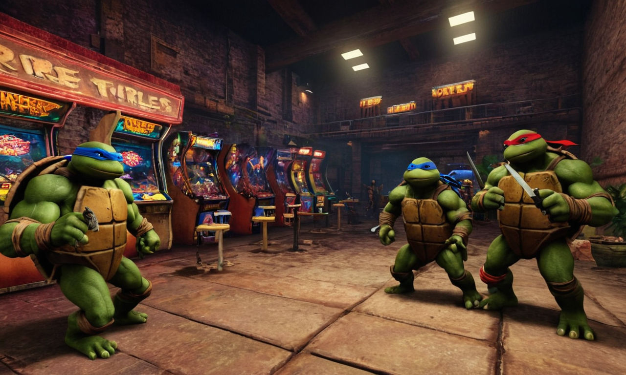 Detailed image prompt for the content "Teenage Mutant Ninja Turtles Arcade: Wrath of the Mutants Review": 
An action-packed arcade setting showcasing various item pickups like shurikens, Metalhead, and Leatherhead characters enhancing gameplay. Include an ice cream kitty for humor. Display a variety of enemies for strategic combat, emphasizing the lack of dodge/block buttons. Show the challenge of managing health, items, and environmental elements during intense combat scenes.
