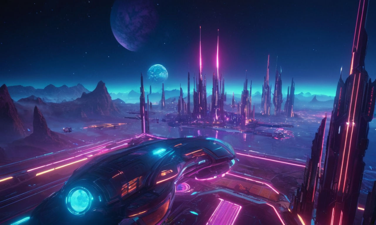 Futuristic sci-fi video game world with vibrant neon colors, advanced technology, dynamic landscapes, and sleek spaceships realistic AI generated art
