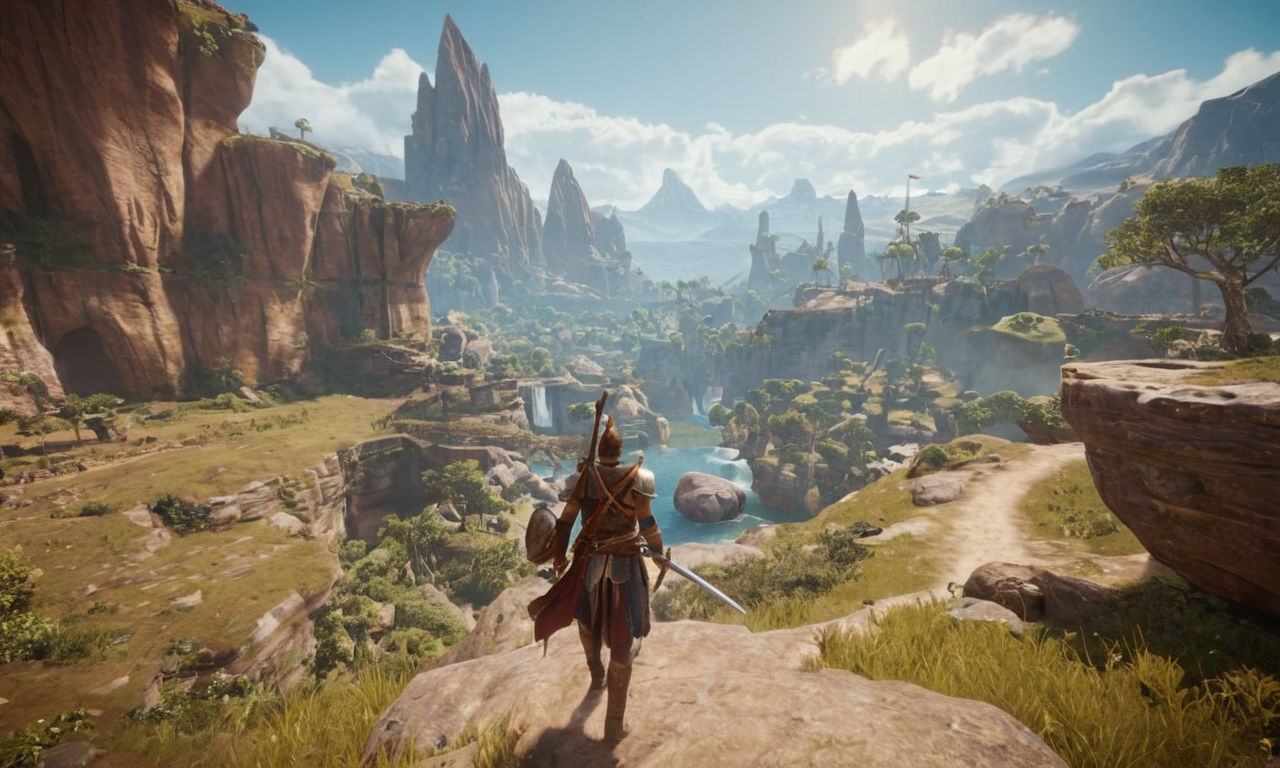 An epic and visually stunning action game landscape featuring a mythical sword, diverse enemies, intricate combat scenes, and vast exploration opportunities, set in a fictional world.
