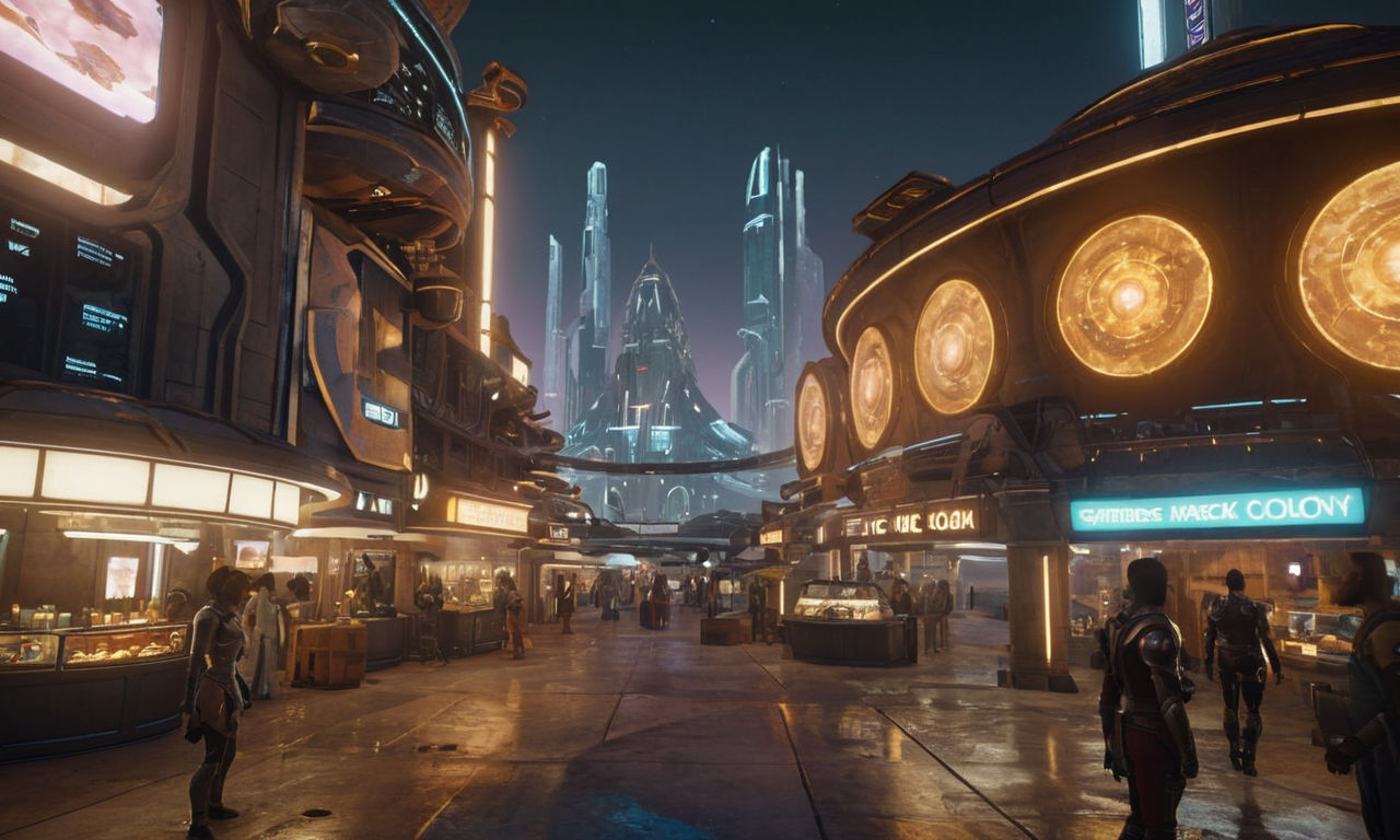 Futuristic space colony RPG environment with futuristic buildings and shops, interactive market stalls, streets bustling with digital billboards, diverse NPCs, and hidden collectibles. Customizable character in different outfits including sleek armor, casual wear, and unique accessories, showcasing a range of high-quality no-microtransaction skins for personalizing appearance.
