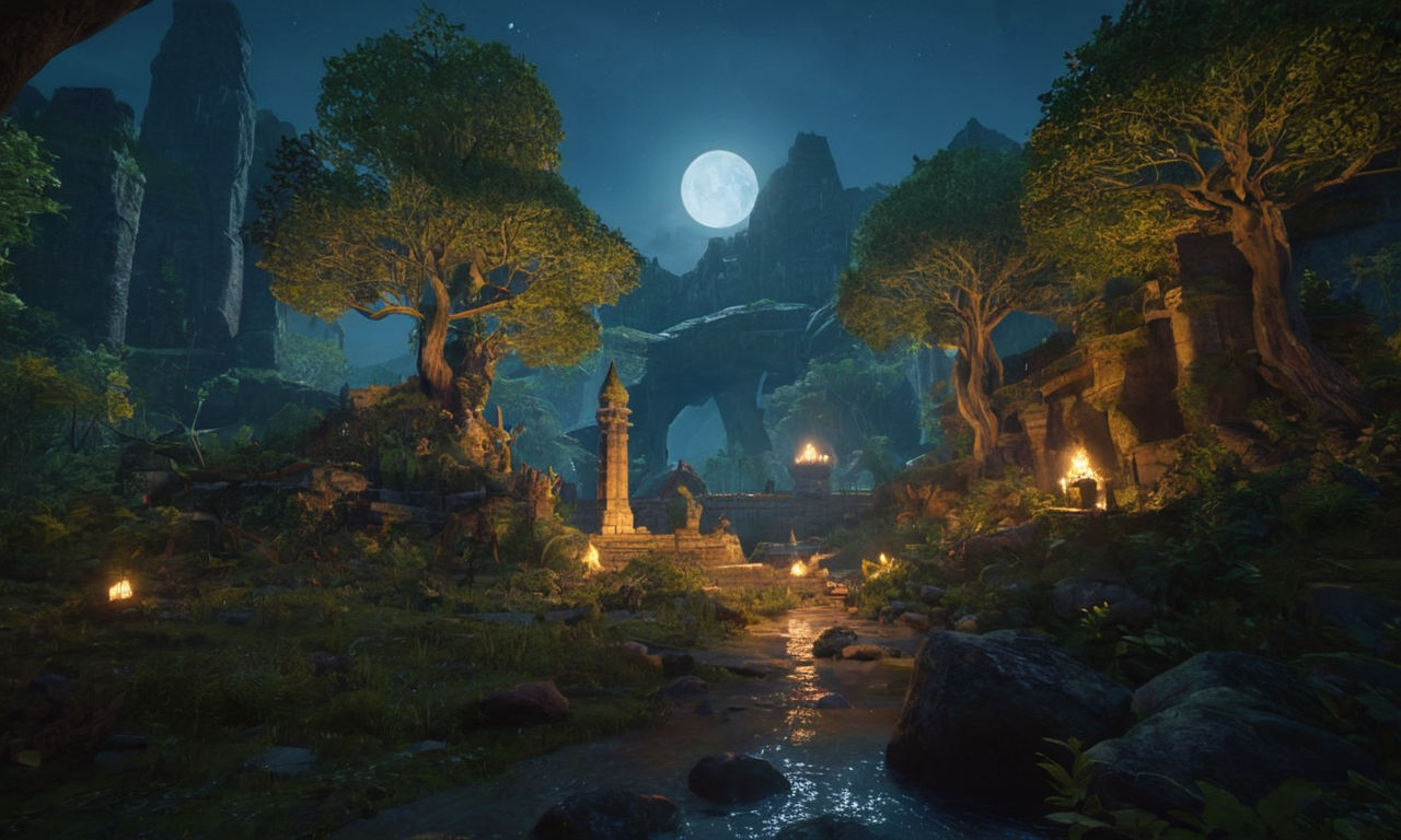 Vibrant fantasy RPG world with magical creatures, diverse landscapes, and epic battles under the moonlight. Displaying a mix of mystical forests, ancient ruins, and mystical spells in action to capture the essence of adventure and exploration in a fantasy game.
