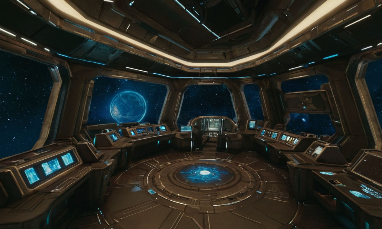 A futuristic spaceship interior with advanced technology, holographic displays, and space exploration equipment like star maps and navigation systems. The scene captures the essence of the sci-fi elements found in JRPG games like Star Ocean and Tales of Phantasia, highlighting the fusion of fantasy and futuristic themes in these iconic series.
