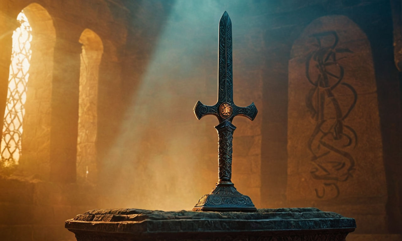 Fantasy-themed sword in glowing light on ancient stone pedestal, mysterious mist in the background, ornate magical runes inscribed on the artifact, dark ambiance.
