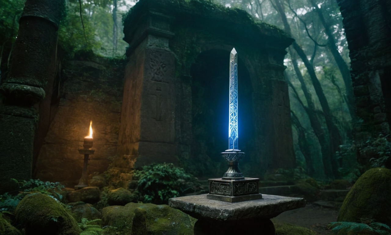 Majestic enchanted sword glowing with magical runes on a stone pedestal, surrounded by ancient ruins in a mystical forest setting. The scene captures the essence of fantasy and adventure, inviting players to embark on a thrilling journey into the world of Swords of Destiny.
