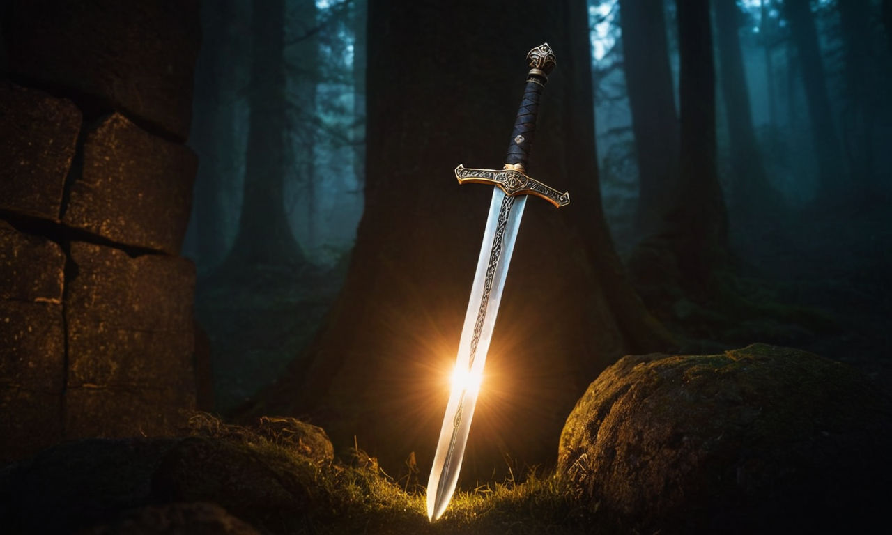 An image of a medieval sword glowing with power against a mystical background. The sword should be intricately designed with ancient runes and symbols. This image should evoke a sense of mystery, power, and adventure, perfect for a fantasy RPG game like Swords of Destiny.
