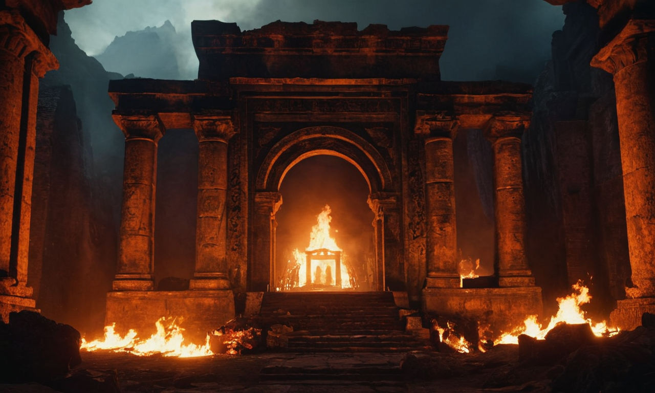 A dark, ominous portal surrounded by flickering flames and ancient ruins, hinting at the sinister world of demonic forces in "Demon Chaos." The portal exudes an otherworldly glow, inviting brave adventurers to step through and confront ancient evils in this chilling dark fantasy realm.
