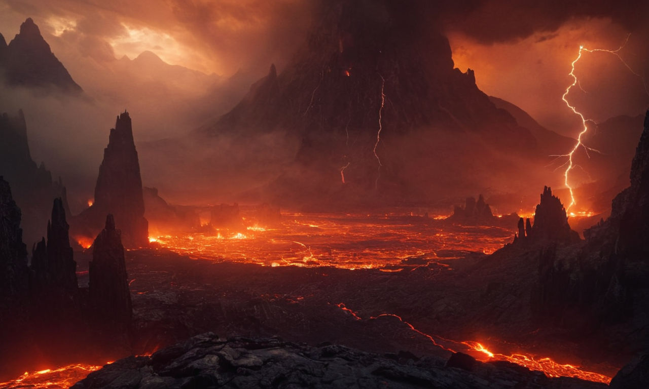 A dark, ominous landscape with fiery lava pits, towering mountains, and ancient ruins shrouded in mist. Sinister demon creatures lurking in the shadows, their glowing eyes piercing through the darkness. The sky above is a swirl of dark clouds illuminated by flashes of lightning, creating a foreboding atmosphere. A scene that embodies the chaos and epic battles of a dark fantasy world like Demon Chaos.
