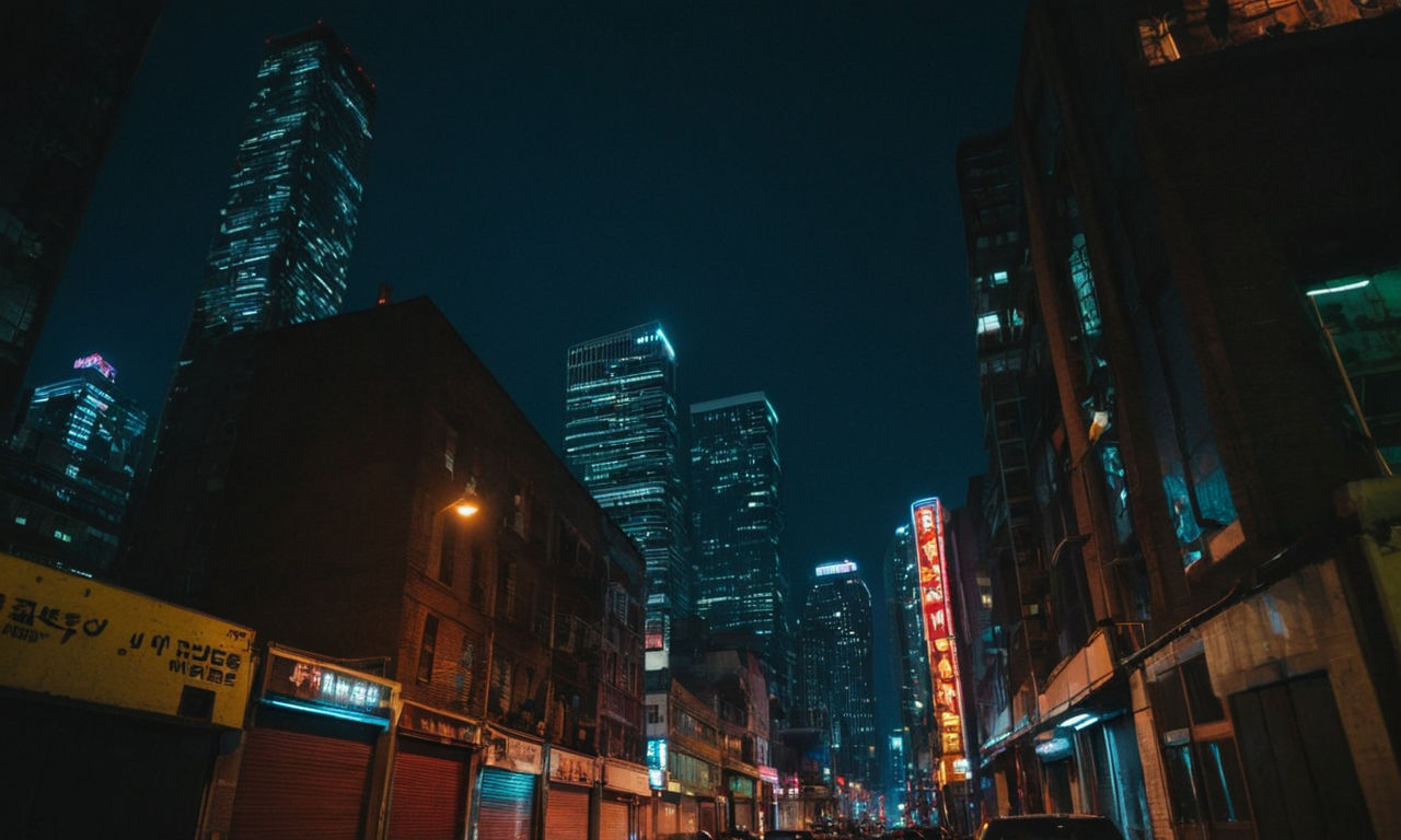 A gritty urban cityscape at night, with neon lights illuminating the streets filled with alleys and skyscrapers. The scene captures the essence of a modern urban jungle, setting the perfect backdrop for intense street fights and strategic combat encounters like in Urban Reign.
