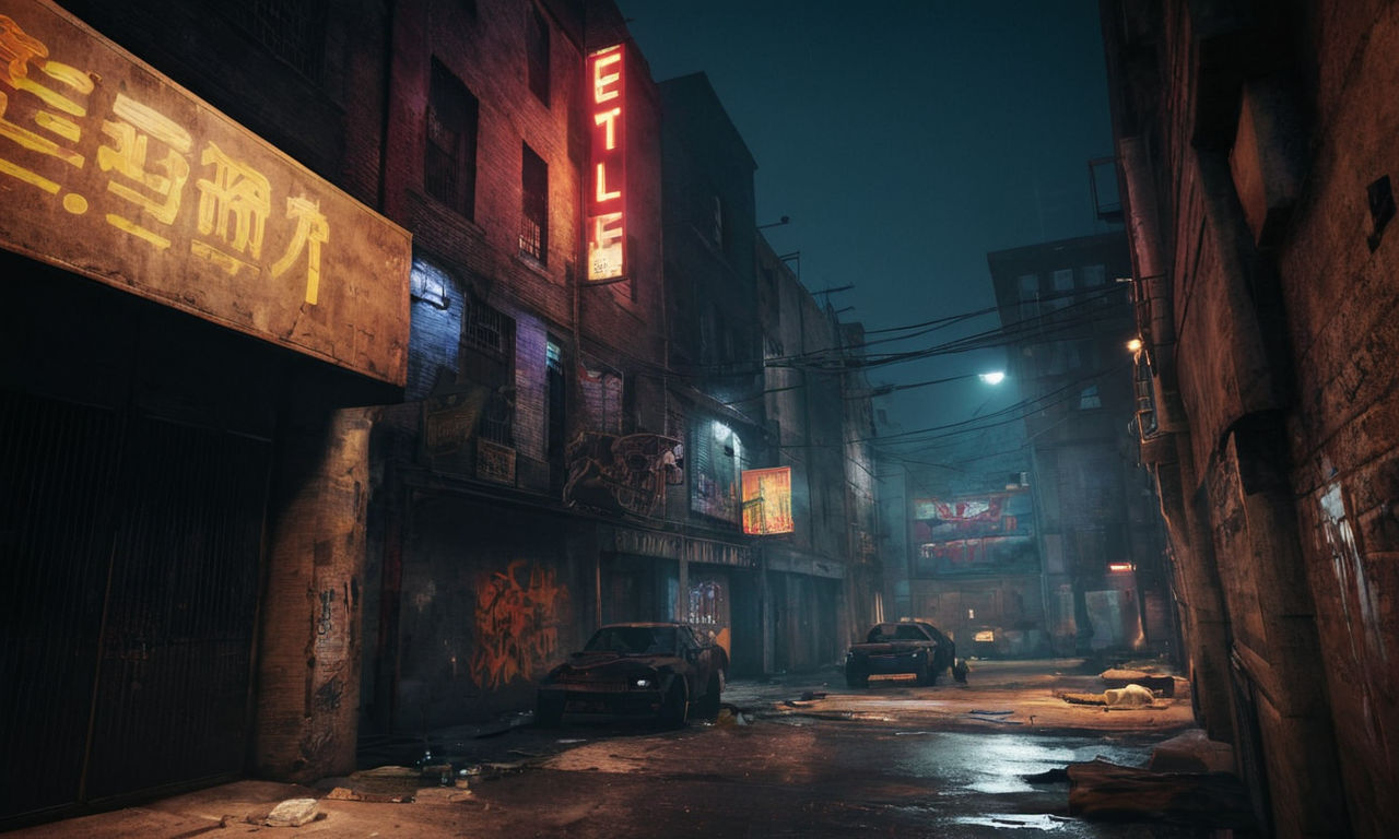 A gritty urban landscape with shadowy alleyways and neon-lit street signs set the scene for intense combat in a beat 'em up game. Showcasing a mix of concrete buildings, graffiti-adorned walls, and flickering streetlights, the cityscape radiates a sense of danger and excitement. Bright flashes of light from combat moves punctuate the dark urban setting, highlighting the fierce battles taking place. The image conveys a raw, urban aesthetic that captures the essence of street-fighting action games like Urban Reign.
