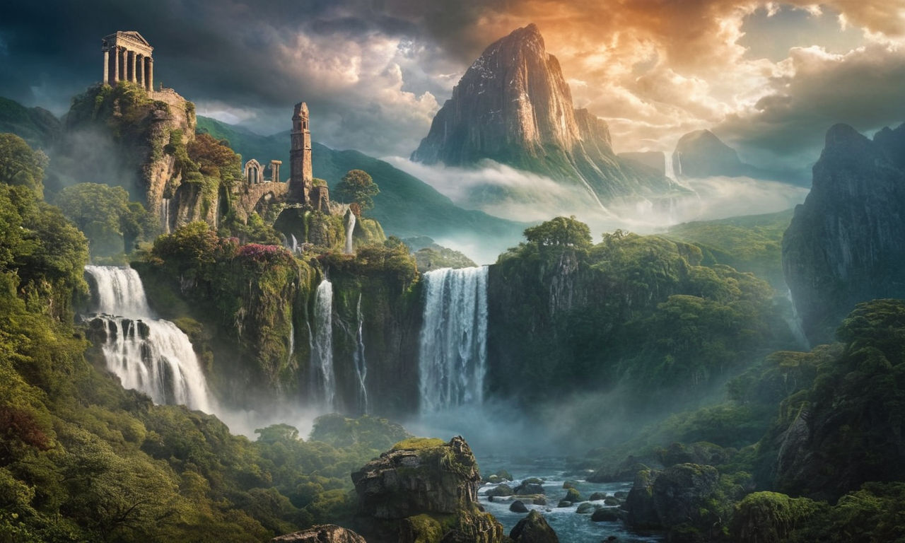 A fantasy realm with mythical creatures and ancient ruins, showcasing a dramatic landscape with towering mountains, misty forests, and mystical waterfalls under a dramatic sky filled with swirling clouds and hints of magic.
