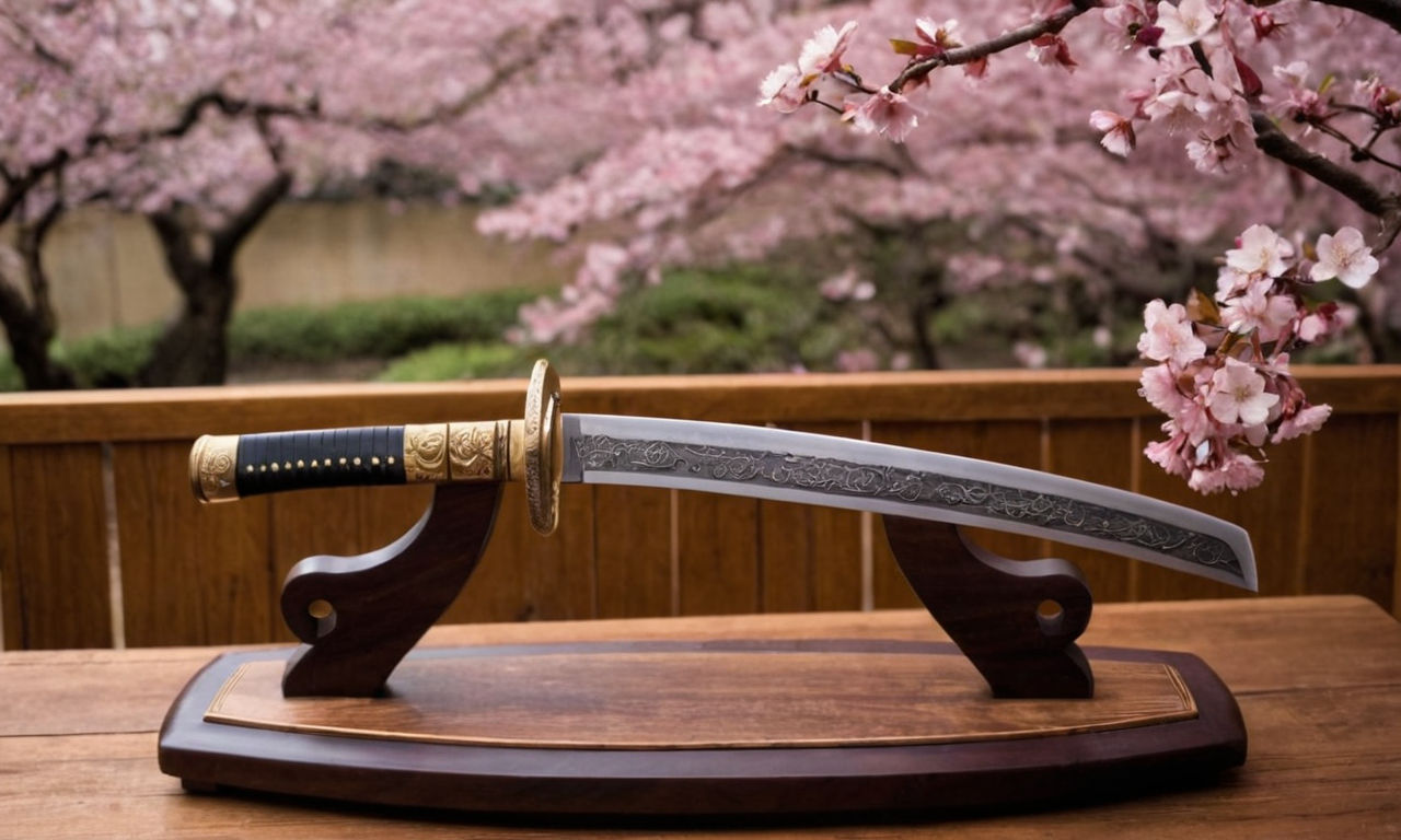 Image prompt: 
A beautifully crafted samurai sword on a traditional Japanese wooden stand, surrounded by cherry blossom petals. The intricate details of the sword's hilt, blade, and scabbard showcase the artistry and craftsmanship of feudal Japan. The soft lighting enhances the elegance and historical significance of the weapon, inviting viewers to appreciate the beauty and power of samurai culture.
