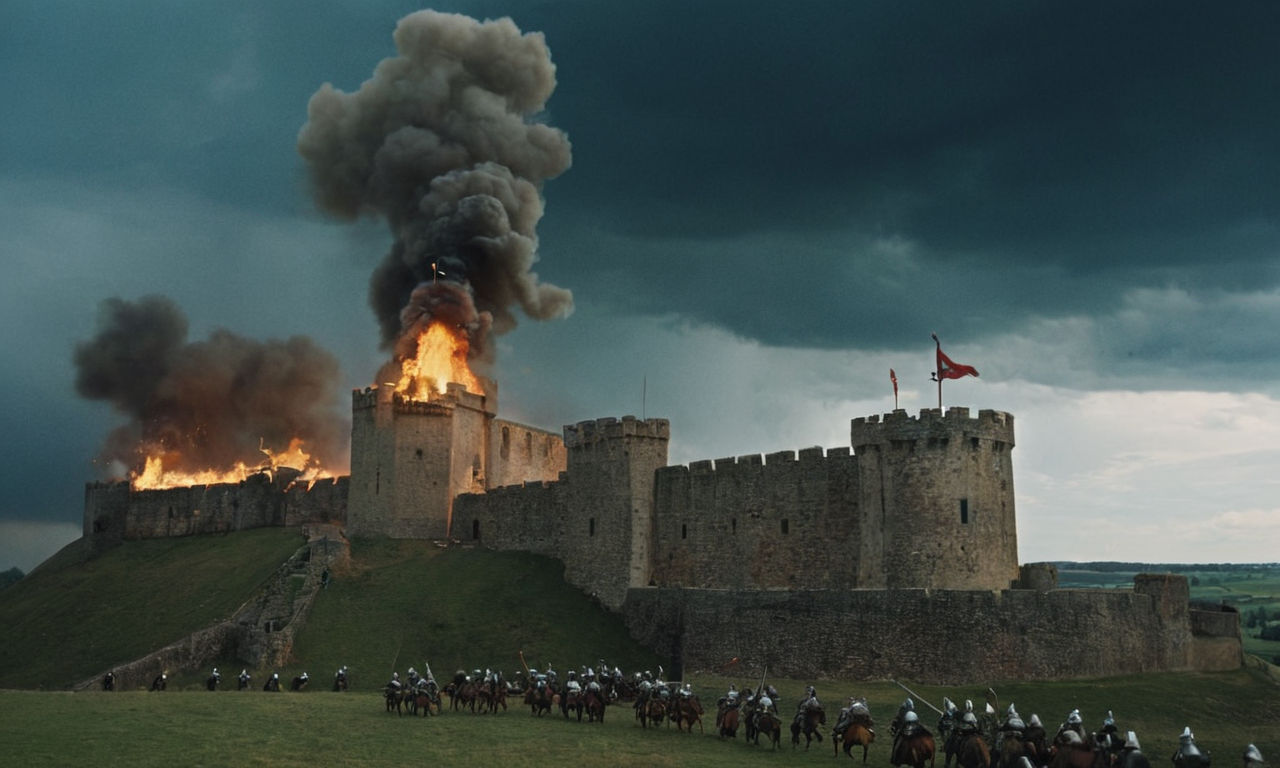 A medieval castle under siege with catapults launching fiery projectiles, soldiers in shining armor defending the walls, and a dramatic battle unfolding on a vast battlefield under a stormy sky - realistic and immersive.
