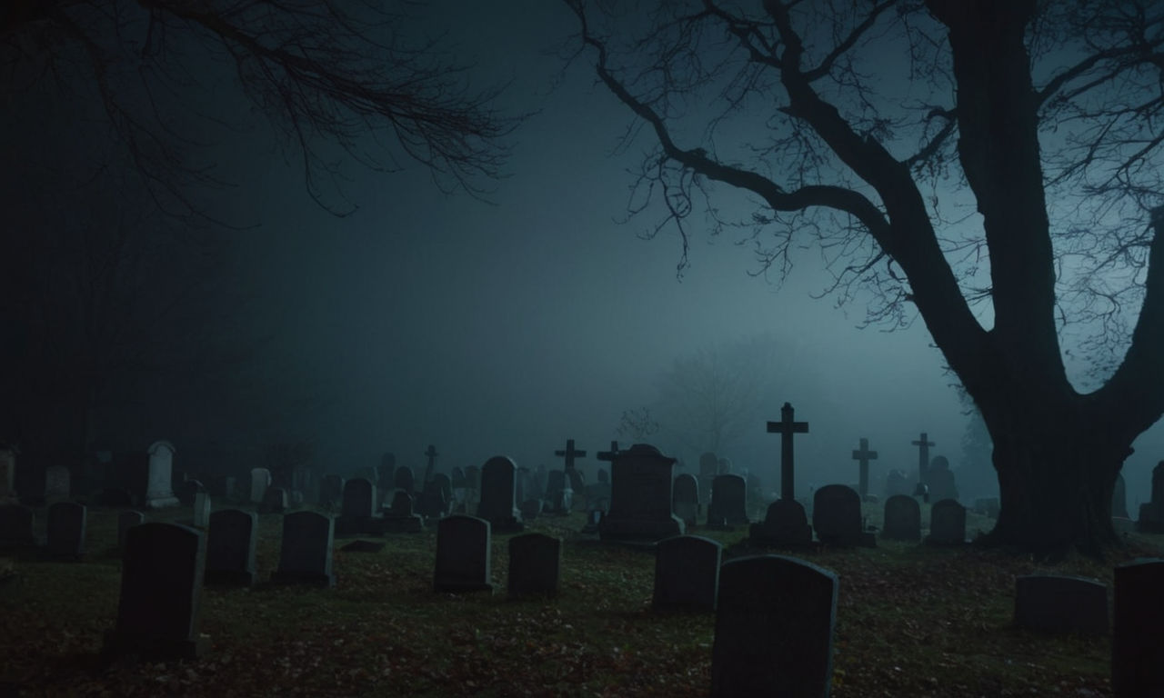 A dark and eerie graveyard at night, with tombstones shrouded in mist and ominous shadows, illuminated by a faint moonlight 4k resolution realistic.
