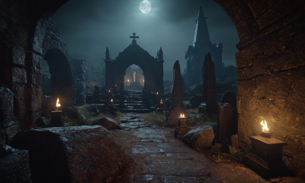 Dark atmospheric game level featuring eerie graveyards, demonic citadels, intense action, chilling environments, and relentless enemies - perfect for a first-person shooter gameplay experience.
