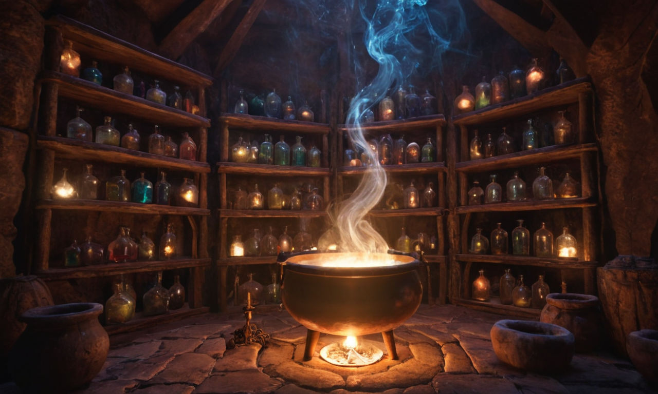 Image prompt: 
A mystical alchemy laboratory with bubbling potions, ancient tomes, and glowing crystals set in a whimsical fantasy world.Unused magical cauldron with swirling colors, shelves filled with mysterious ingredients, and a hint of enchanting spells in the air.
