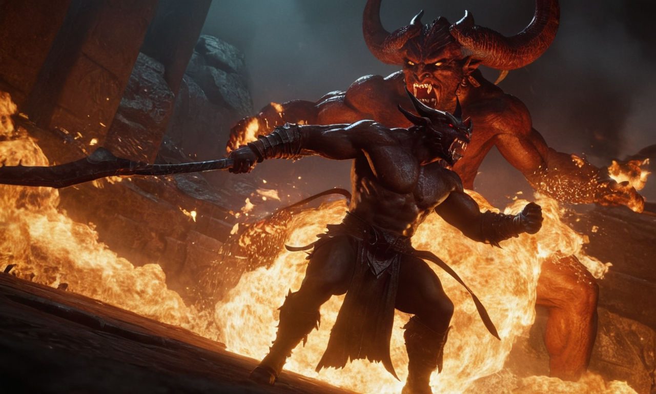 A dark, mysterious realm filled with fiery demons and intense battles, showcasing powerful abilities and skills being unleashed. The image highlights strategic decision-making and the immersive experience of engaging in adrenaline-fueled demon battles, capturing the essence of Ikusagami's intense action-adventure gameplay.
