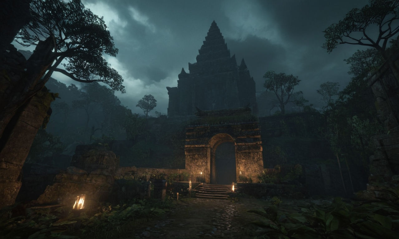 A dark and immersive game world set in Ikusagami depicting sinister landscapes, ancient ruins, and ominous skies. The environments feature eerie forests, foreboding dungeons, and mysterious temples shrouded in shadows. The atmosphere is filled with an aura of mystery and danger, enhancing the gaming experience with rich lore and immersive storytelling.
