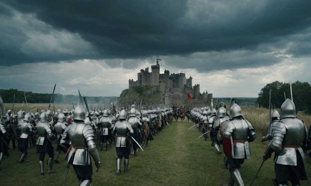 Medieval battlefield with warriors in armor and swords, castle in the background under a dramatic cloudy sky, war strategy game theme.
