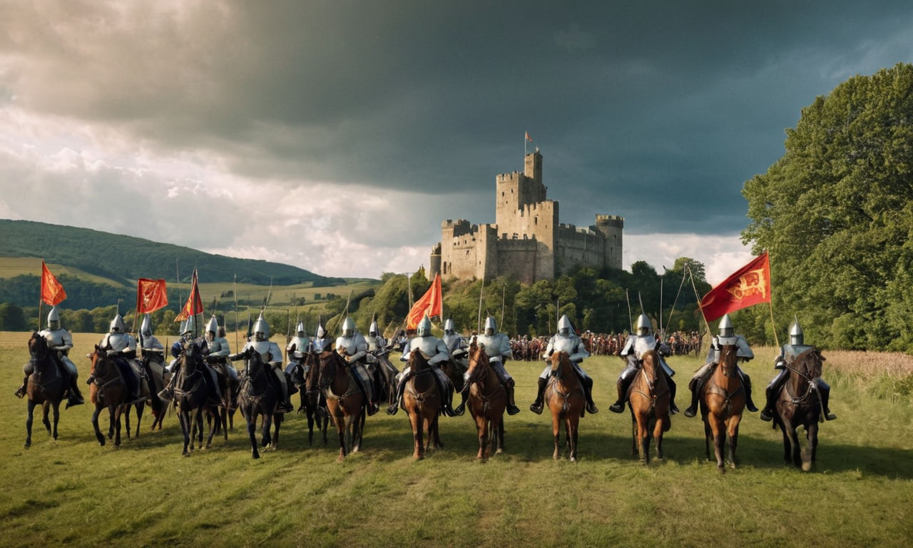 Image prompt: 
A medieval battlefield scene with knights in armor, archers, and banners flying in the wind. The setting is a grassy field under a dramatic sky, with a castle in the background. Display a mix of mounted and foot soldiers preparing for an epic battle, capturing the essence of strategic warfare in a historical setting.
