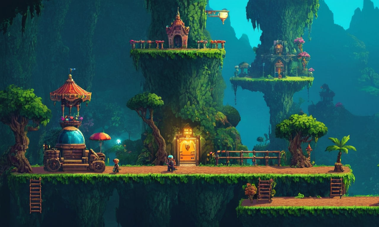 A vibrant and whimsical side-scrolling game level featuring retro-style pixel art with platforms, obstacles, and treasures scattered throughout. The level design includes mechanical traps, floating platforms, and lush backgrounds with a nostalgic arcade feel. The main character, resembling a classic hero, is navigating the level with precise jumps and energetic movements, ready to explore every pixel for hidden secrets and challenges.
